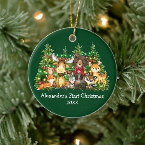Baby First Christmas Forest Animals Lights Red Bow Ceramic Ornament