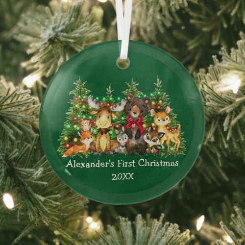Baby First Christmas Forest Animals Lights Red Bow Glass Ornament