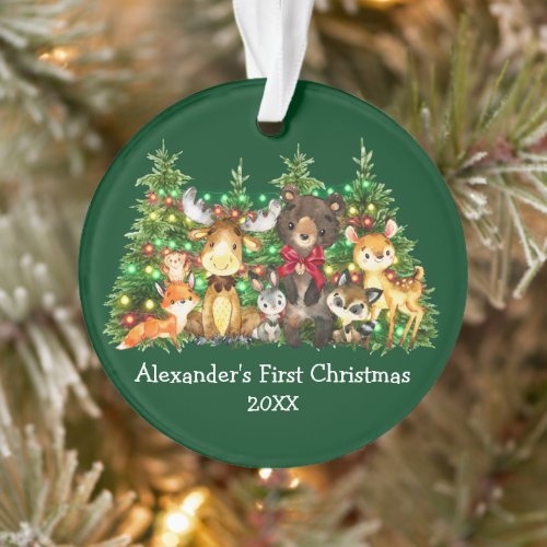Baby First Christmas Forest Animals Lights Red Bow Ornament