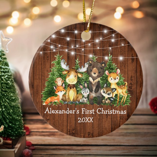Baby First Christmas Forest Animals Lights Rustic Ceramic Ornament (Customize with name and year.)