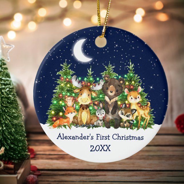 Baby First Christmas Forest Animals Lights Sky Ceramic Ornament (Customize with name and year.)
