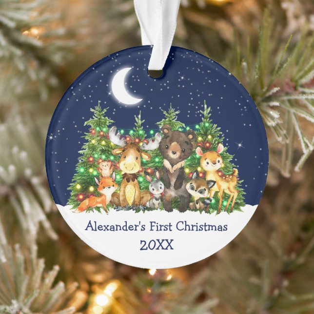 Baby First Christmas Forest Animals Lights Sky Ornament (Tree)