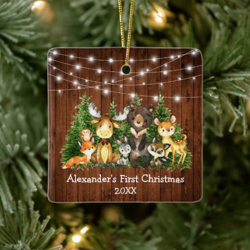 Baby First Christmas Forest Animals Lights Square Ceramic Ornament