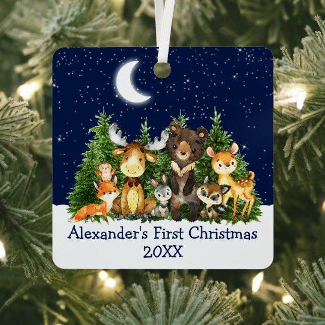 Baby First Christmas Forest Animals Moon Blue Metal Ornament (Insitu)