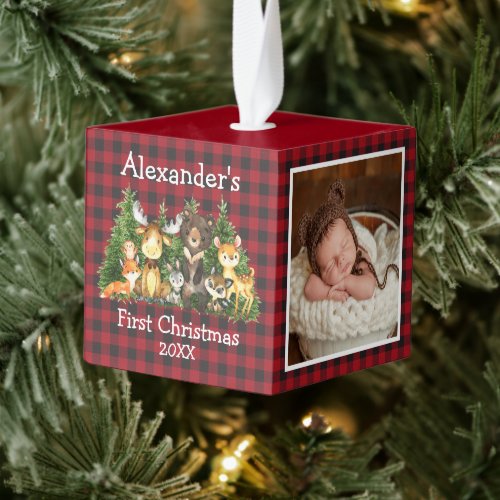 Baby First Christmas Forest Animals Plaid Photo Cube Ornament