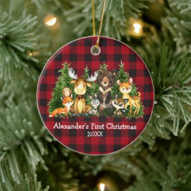 Baby First Christmas Forest Animals Plaid Round Ceramic Ornament