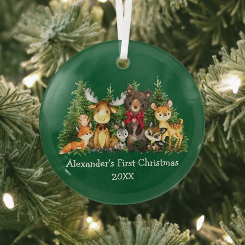 Baby First Christmas Forest Animals Red Bow Green Glass Ornament