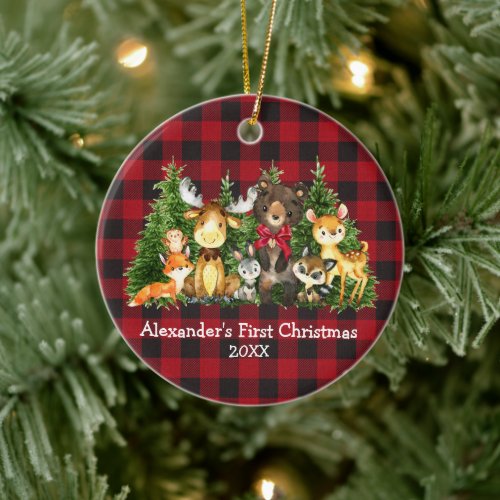Baby First Christmas Forest Animals Red Bow Plaid Ceramic Ornament