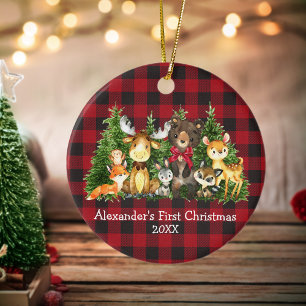 Baby First Christmas Forest Animals Red Bow Plaid Ceramic Ornament