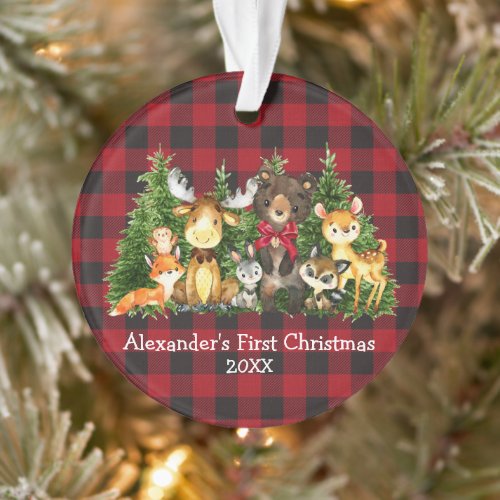 Baby First Christmas Forest Animals Red Bow Plaid Ornament