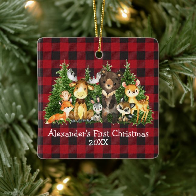 Baby First Christmas Forest Animals Red Plaid Ceramic Ornament (Tree)