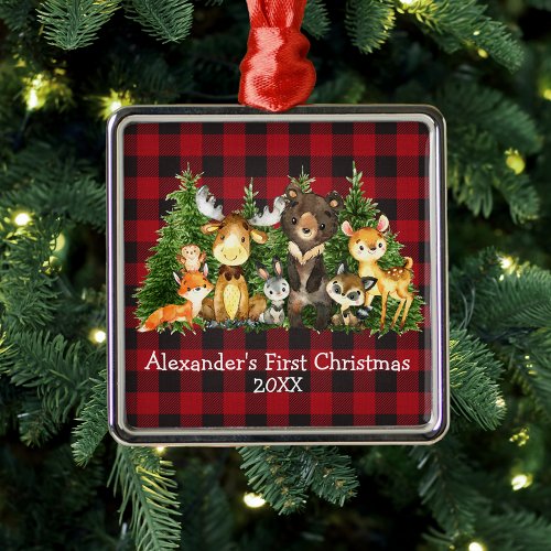 Baby First Christmas Forest Animals Red Plaid Metal Ornament