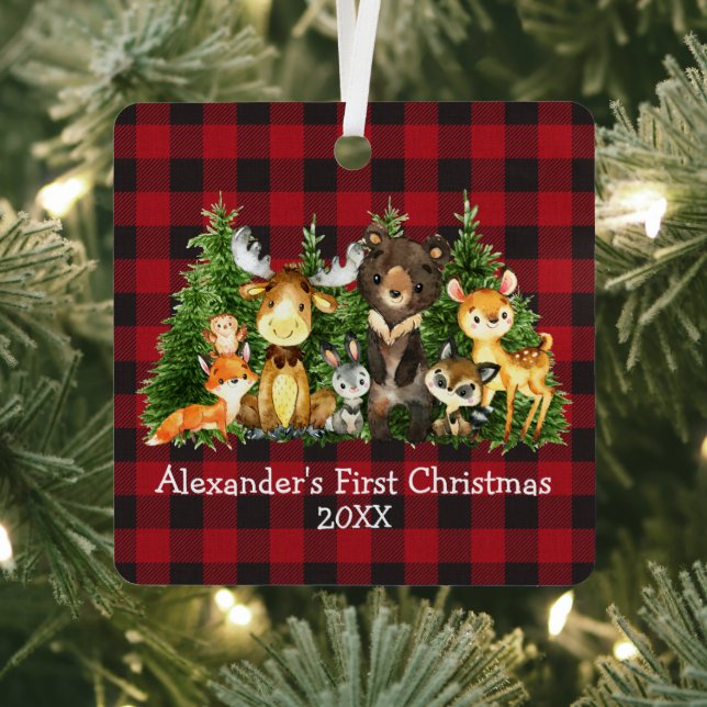 Baby First Christmas Forest Animals Red Plaid Metal Ornament (Insitu)