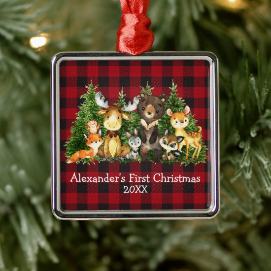 Baby First Christmas Forest Animals Red Plaid Metal Ornament