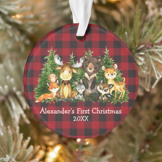Baby First Christmas Forest Animals Red Plaid Ornament (Tree)