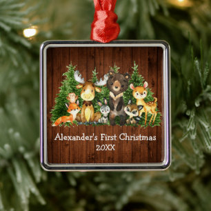 Baby First Christmas Forest Animals Rustic Metal Ornament