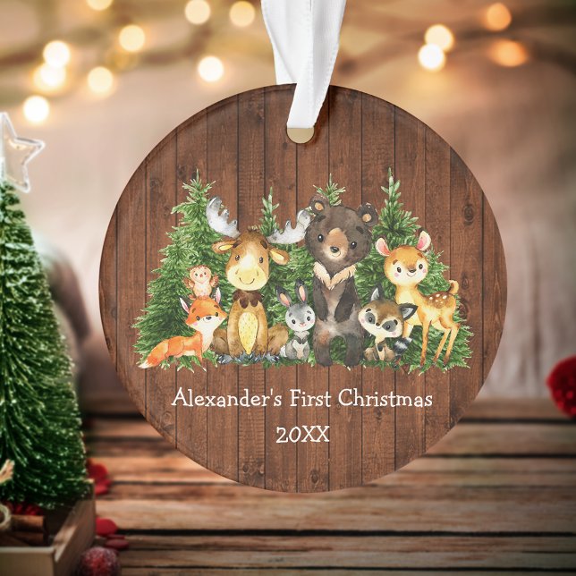 Baby First Christmas Forest Animals Rustic Ornament (Customize with name and year.)