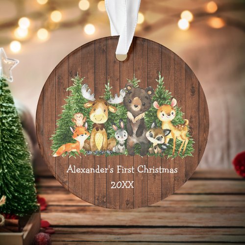 Baby First Christmas Forest Animals Rustic Ornament