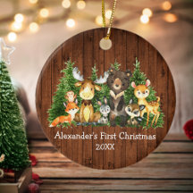 Baby First Christmas Forest Animals Rustic Round