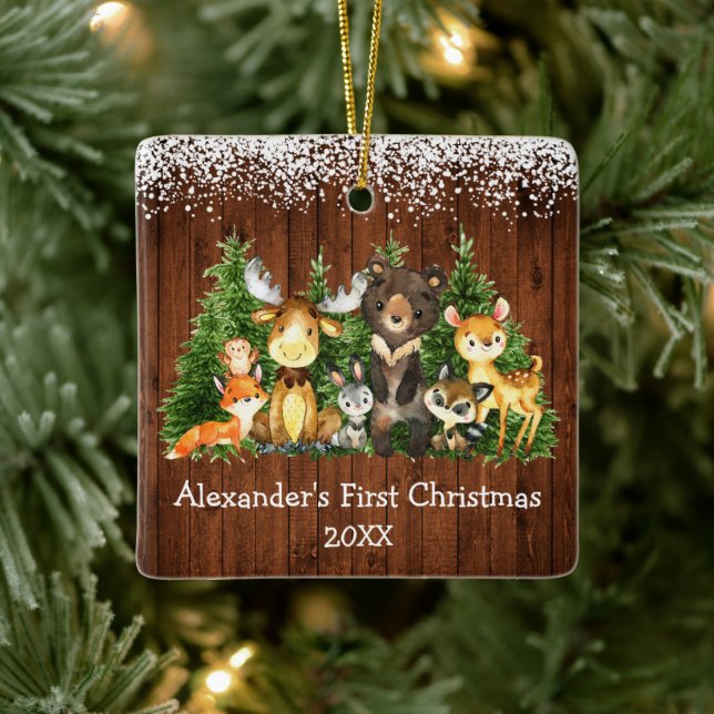 Baby First Christmas Forest Animals Snow Rustic  Ceramic Ornament (Tree)