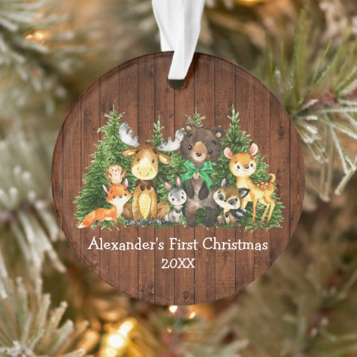 Baby First Christmas Forest Animals Wood Green Bow Ornament