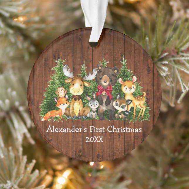 Baby First Christmas Forest Animals Wood Red Bow Ornament (Tree)