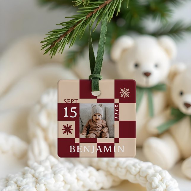 Baby First Christmas Fun Retro Checkerboard Photo Ceramic Ornament (Baby First Christmas Fun Retro Checkerboard Photo Ceramic Ornament)