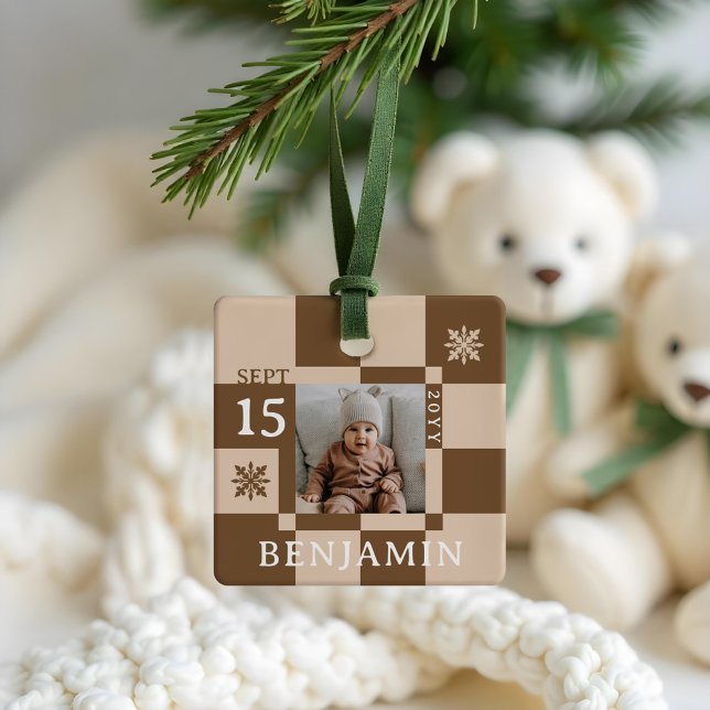 Baby First Christmas Fun Retro Checkerboard Photo Ceramic Ornament (Baby First Christmas Fun Retro Checkerboard Photo Ceramic Ornament)