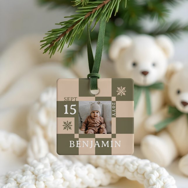 Baby First Christmas Fun Retro Checkerboard Photo Ceramic Ornament (Baby First Christmas Fun Retro Checkerboard Photo Ceramic Ornament)