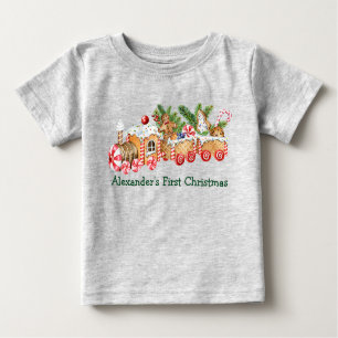 Baby First Christmas Gingerbread Train Candy Gray Baby T-Shirt