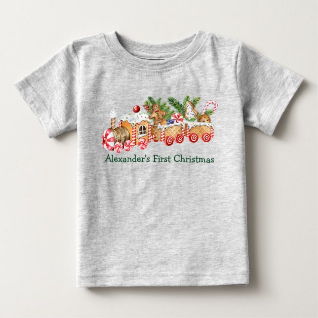 Baby First Christmas Gingerbread Train Candy Gray Baby T-Shirt (Front)