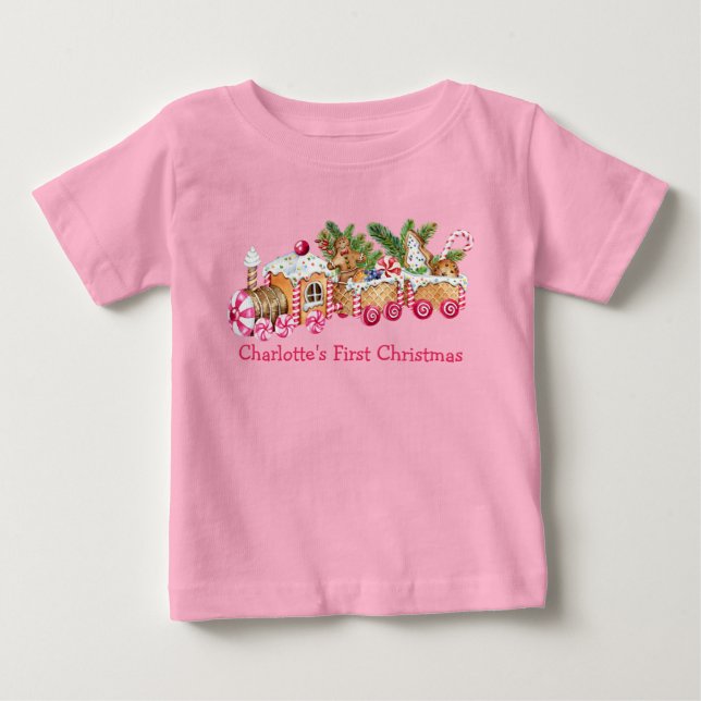 Baby First Christmas Gingerbread Train Candy Pink Baby T-Shirt (Front)