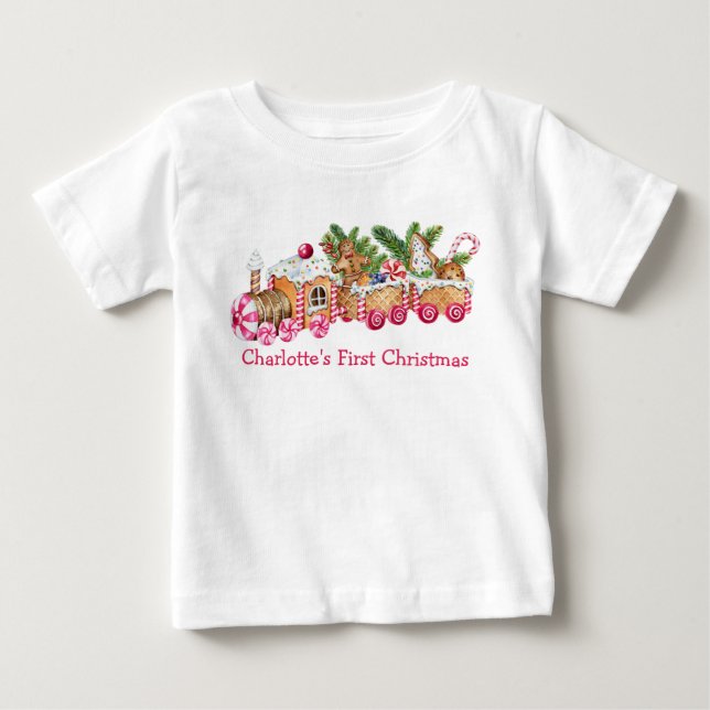 Baby First Christmas Gingerbread Train Pink Candy Baby T-Shirt (Front)