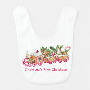 Baby First Christmas Gingerbread Train Pink Candy Bib