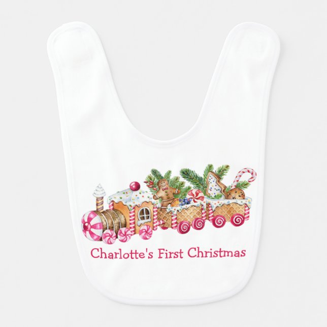Baby First Christmas Gingerbread Train Pink Candy Bib (Front)
