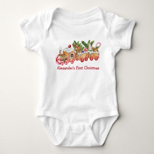 Baby First Christmas Gingerbread Train Red Candy Baby Bodysuit