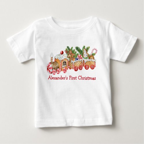 Baby First Christmas Gingerbread Train Red Candy Baby T_Shirt