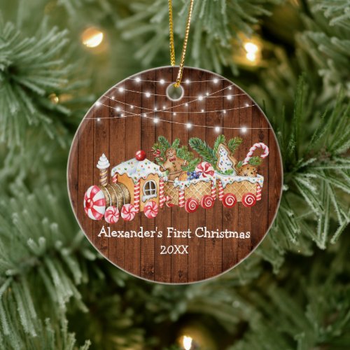 Baby First Christmas Gingerbread Train Wood Lights Ceramic Ornament