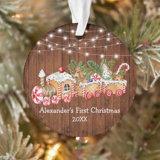Baby First Christmas Gingerbread Train Wood Lights Ornament (Tree)