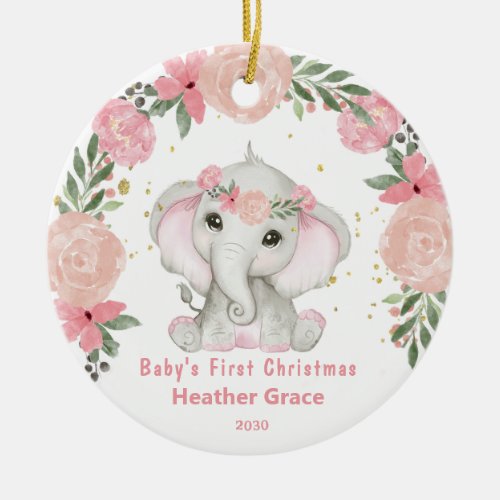 Baby First Christmas Girls Elephant Personalized Ceramic Ornament