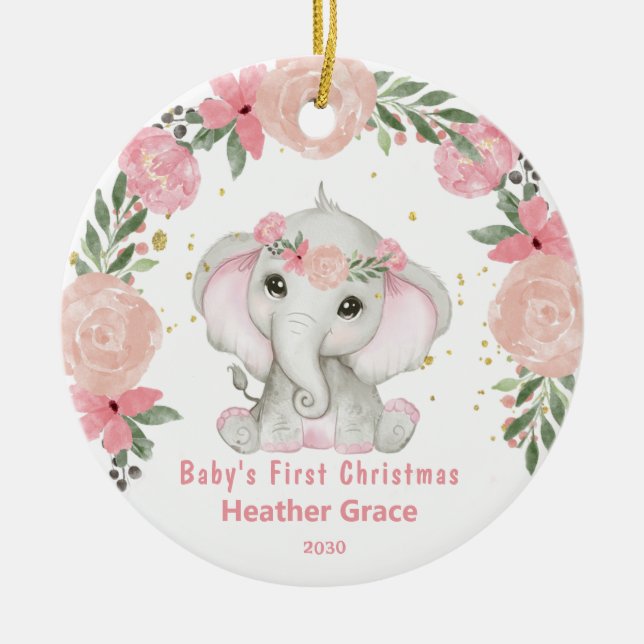 Baby First Christmas Girls Elephant Personalized Ceramic Ornament (Front)