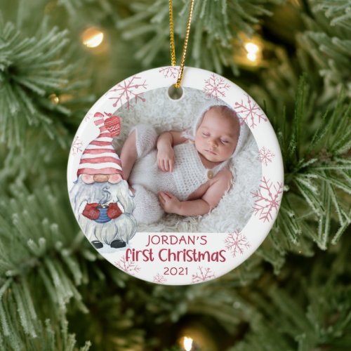 Baby First Christmas Gnome Pink Snowflake 2 Photo Ceramic Ornament