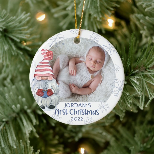 Baby First Christmas Gnome Snowflake Name Blue Ceramic Ornament (Tree)