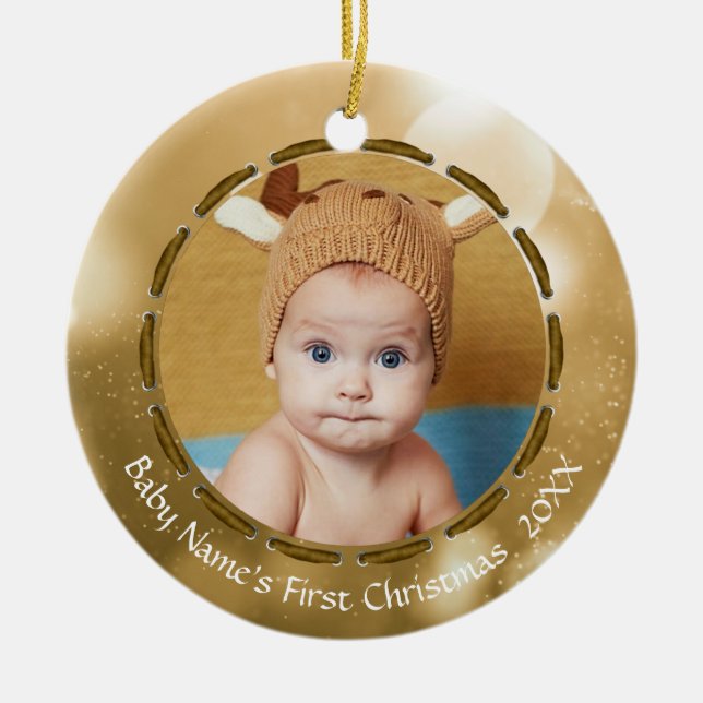 Baby First Christmas Gold Bokeh Personalized Photo Ceramic Ornament (Front)