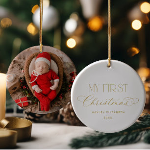 Baby First Christmas Gold Photo Keepsake Ceramic Ornament