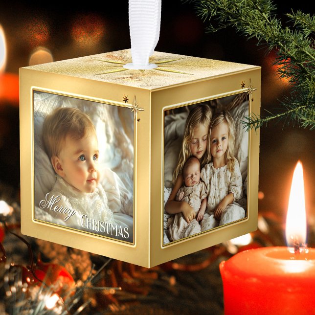 Baby First Christmas Gold Star Photo Cube Ornament (Baby's first Christmas cube ornament featuring your custom photos framed by a gold design with stars)