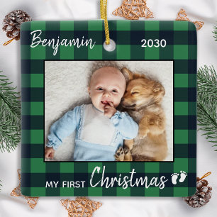 Baby First Christmas Green Buffalo Plaid Photo Ceramic Ornament