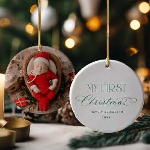Baby First Christmas Green Photo Keepsake Ceramic Ornament