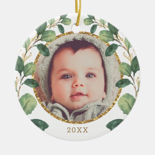 Baby First Christmas Greenery Gold Eucalyptus Ceramic Ornament