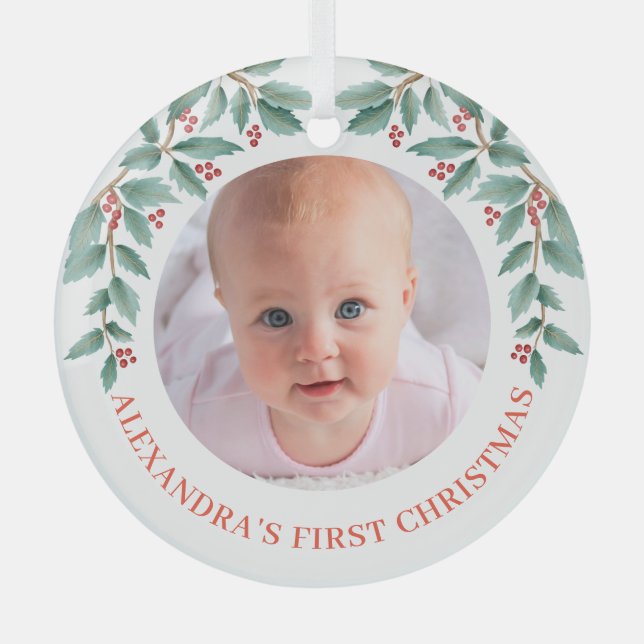 Baby First Christmas Holly Red Green Photo Glass Ornament (Front)